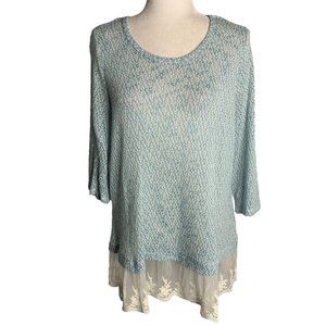 Krazy Kat Lightweight Knit Sweater XL Blue Lace Trim Long Sleeve Round Neck